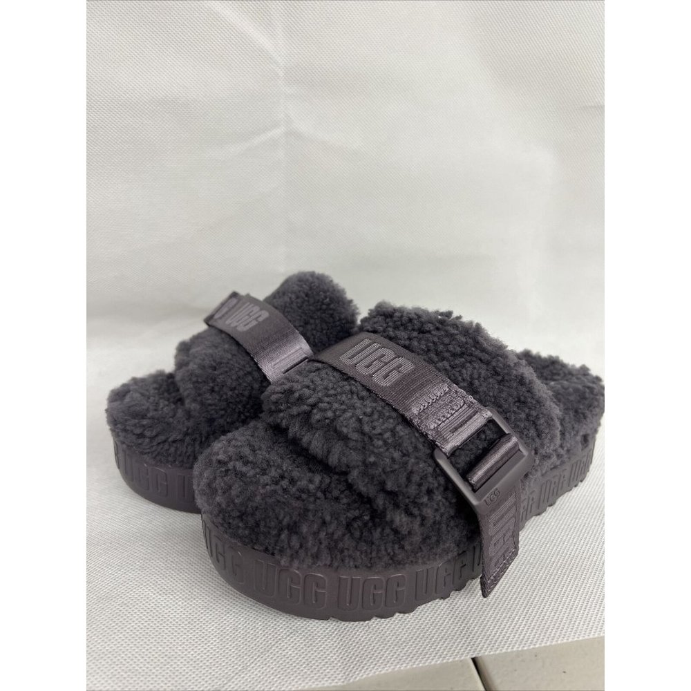 UGG Charcoal Fluff Strap Platform Slippers